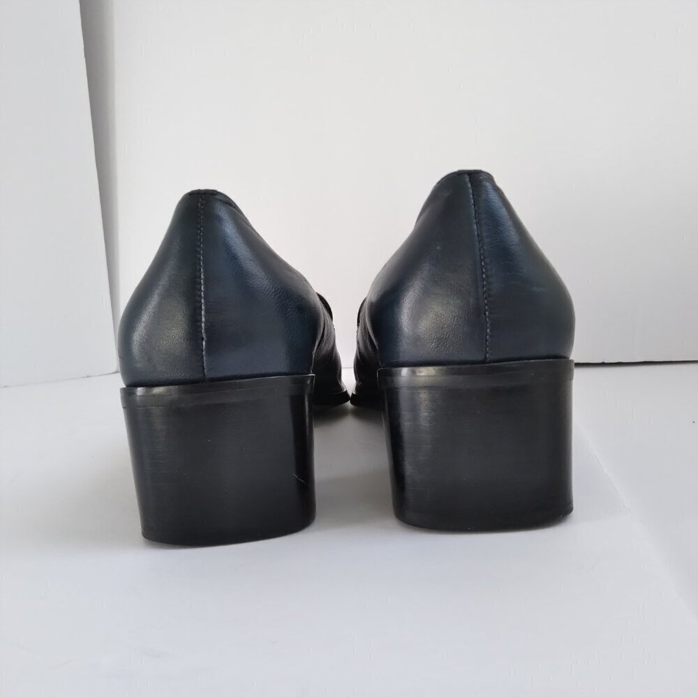 Stylish 90's Navy Leather 'Status' Slip On Square Toe Block Heel Shoes Sz 8.5 - Picture 4 of 10